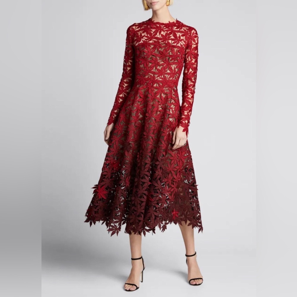 A-Line Maple Leaf Embroidered Long Sleeve Midi
Dress burgundy ombré